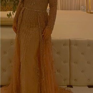 LARA Beaded Long Sleeve Gown in Tan